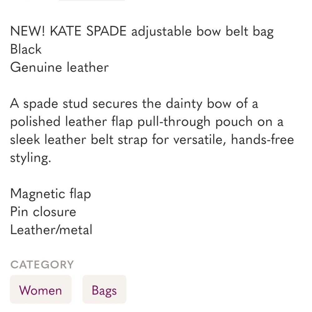 NEW! KATE SPADE black bow adjustable belt bag, genuine leather, crossbody NWT - Picture 7 of 8